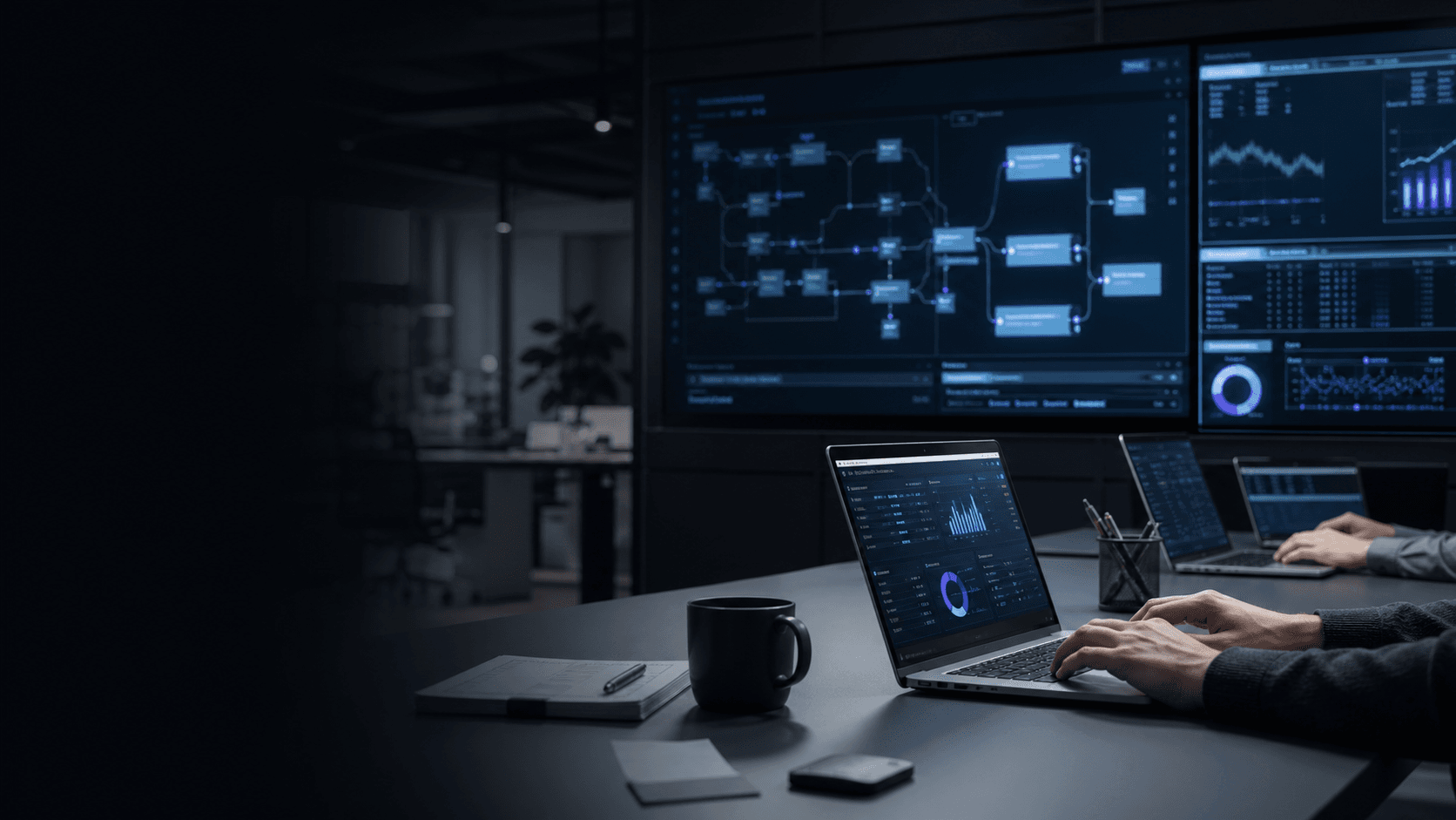Ambiente moderno com dashboards e arquitetura de dados